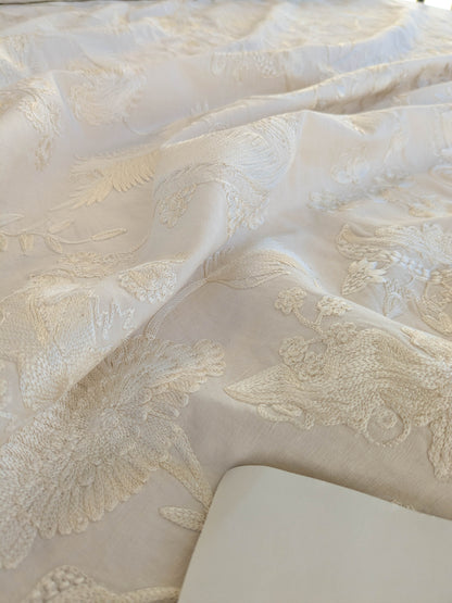 Dauphine Hand Embroidery Linen Cotton Crewel Bone China - White Cream - By The Yard