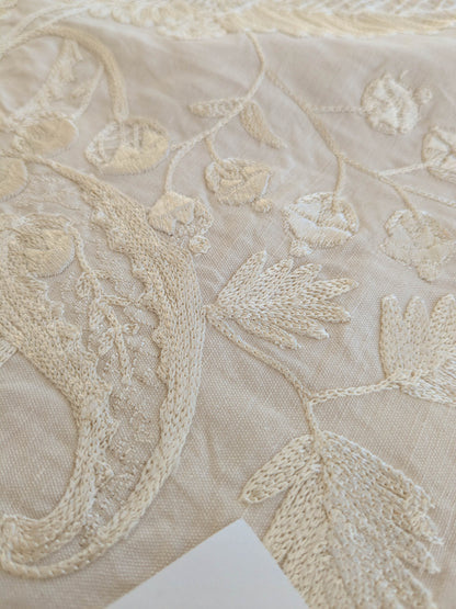 Dauphine Hand Embroidery Linen Cotton Crewel Bone China - White Cream - By The Yard