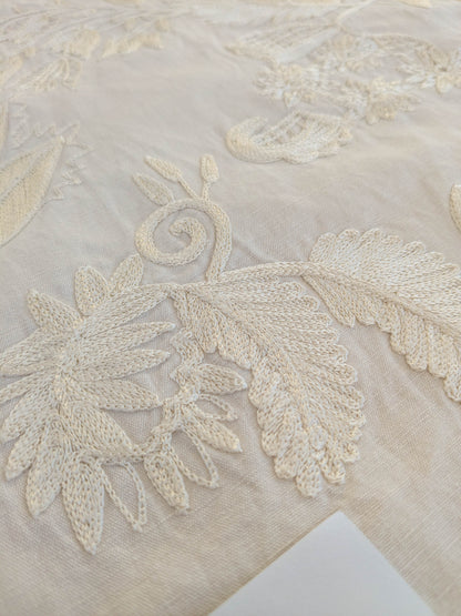 Dauphine Hand Embroidery Linen Cotton Crewel Bone China - White Cream - By The Yard