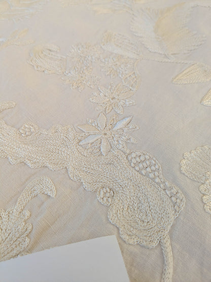 Dauphine Hand Embroidery Linen Cotton Crewel Bone China - White Cream - By The Yard