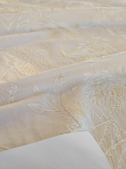 Dauphine Hand Embroidery Linen Cotton Crewel Bone China - White Cream - By The Yard
