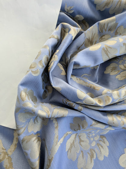Sicily Island Climbing Rose and Grapes Damask Jacquard Cotton Fabric - Blue Brown - By The Yard