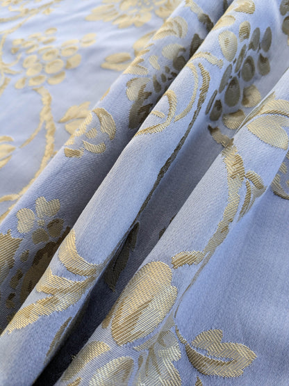 Sicily Island Climbing Rose and Grapes Damask Jacquard Cotton Fabric - Blue Brown - By The Yard