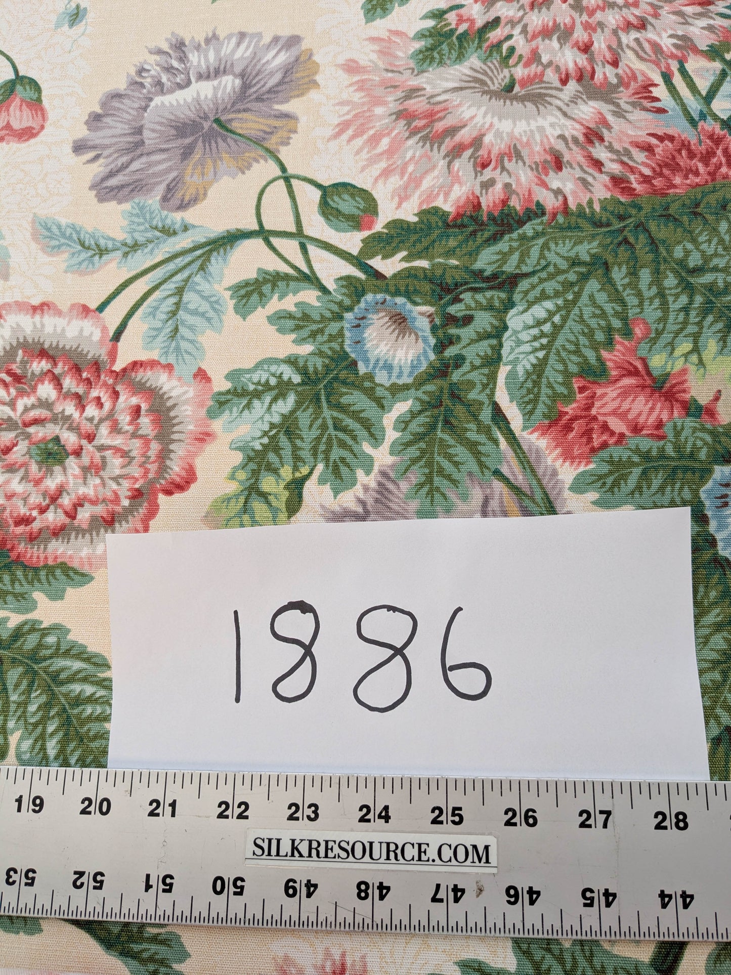 Thames Large English Garden Dalia Poppy Bouquet Print Pink Green Red on Maize Gold 1886