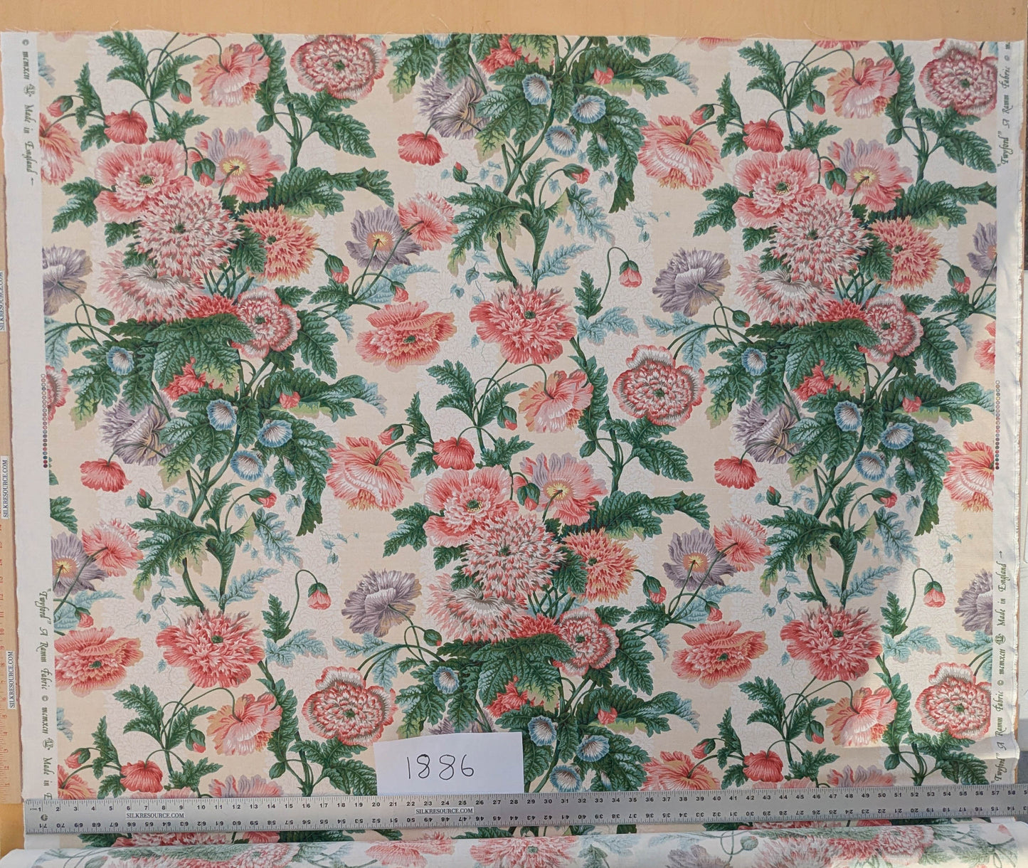 Thames Large English Garden Dalia Poppy Bouquet Print Pink Green Red on Maize Gold 1886