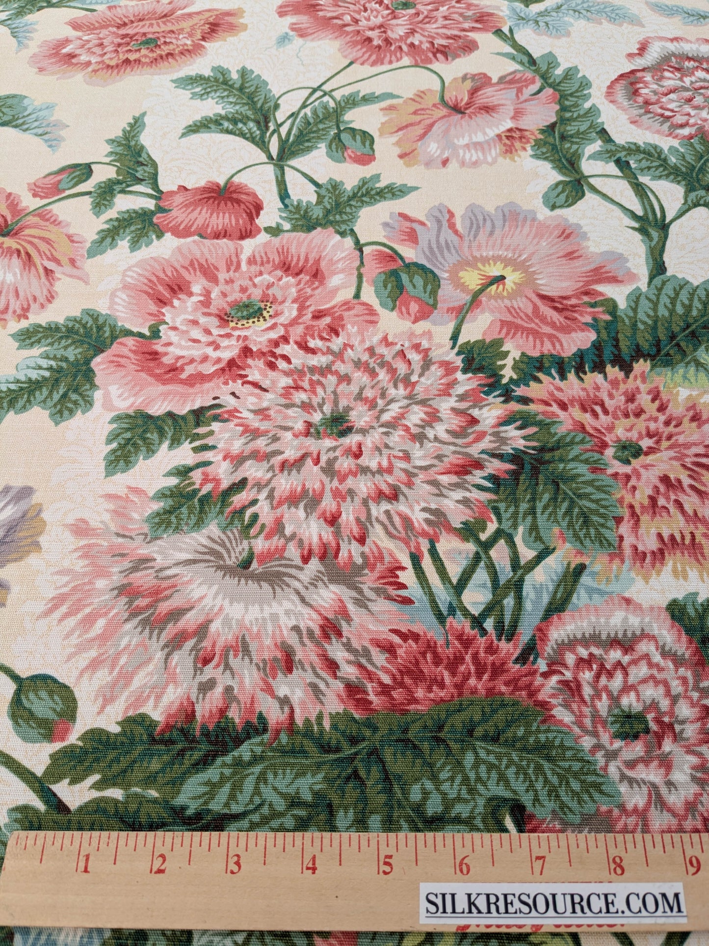 Thames Large English Garden Dalia Poppy Bouquet Print Pink Green Red on Maize Gold 1886