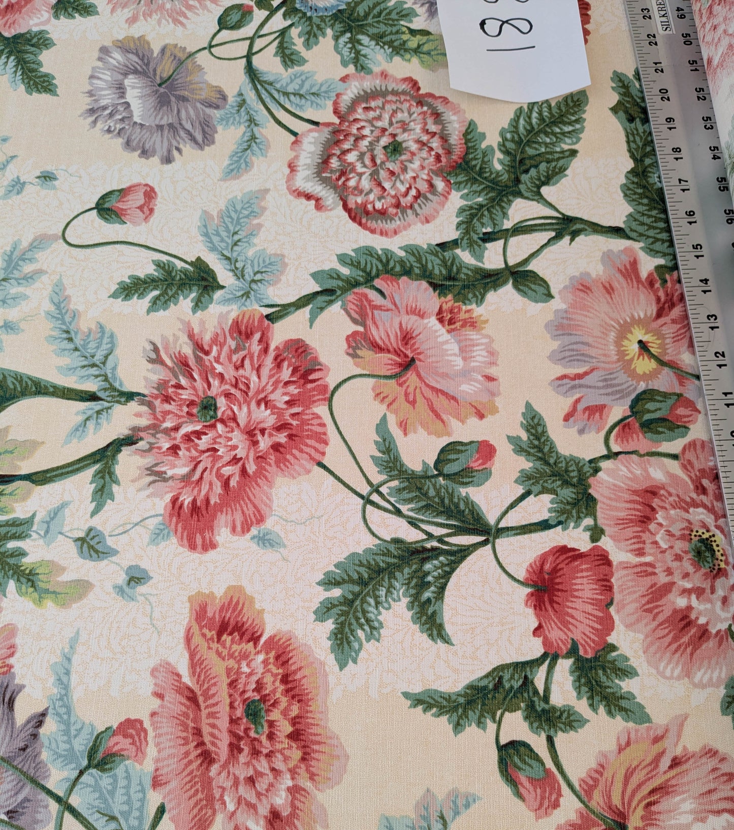 Thames Large English Garden Dalia Poppy Bouquet Print Pink Green Red on Maize Gold 1886