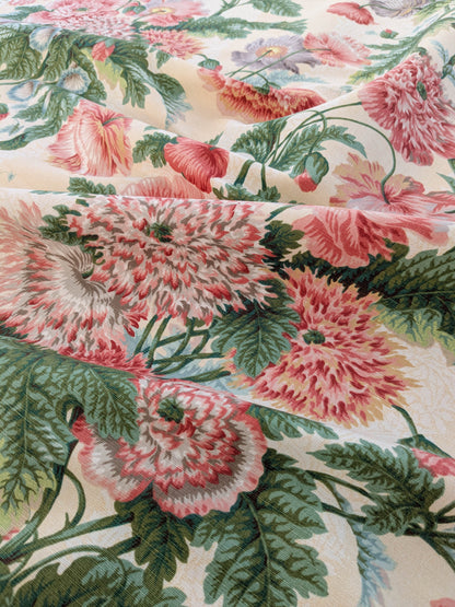 Thames Large English Garden Dalia Poppy Bouquet Print Pink Green Red on Maize Gold 1886