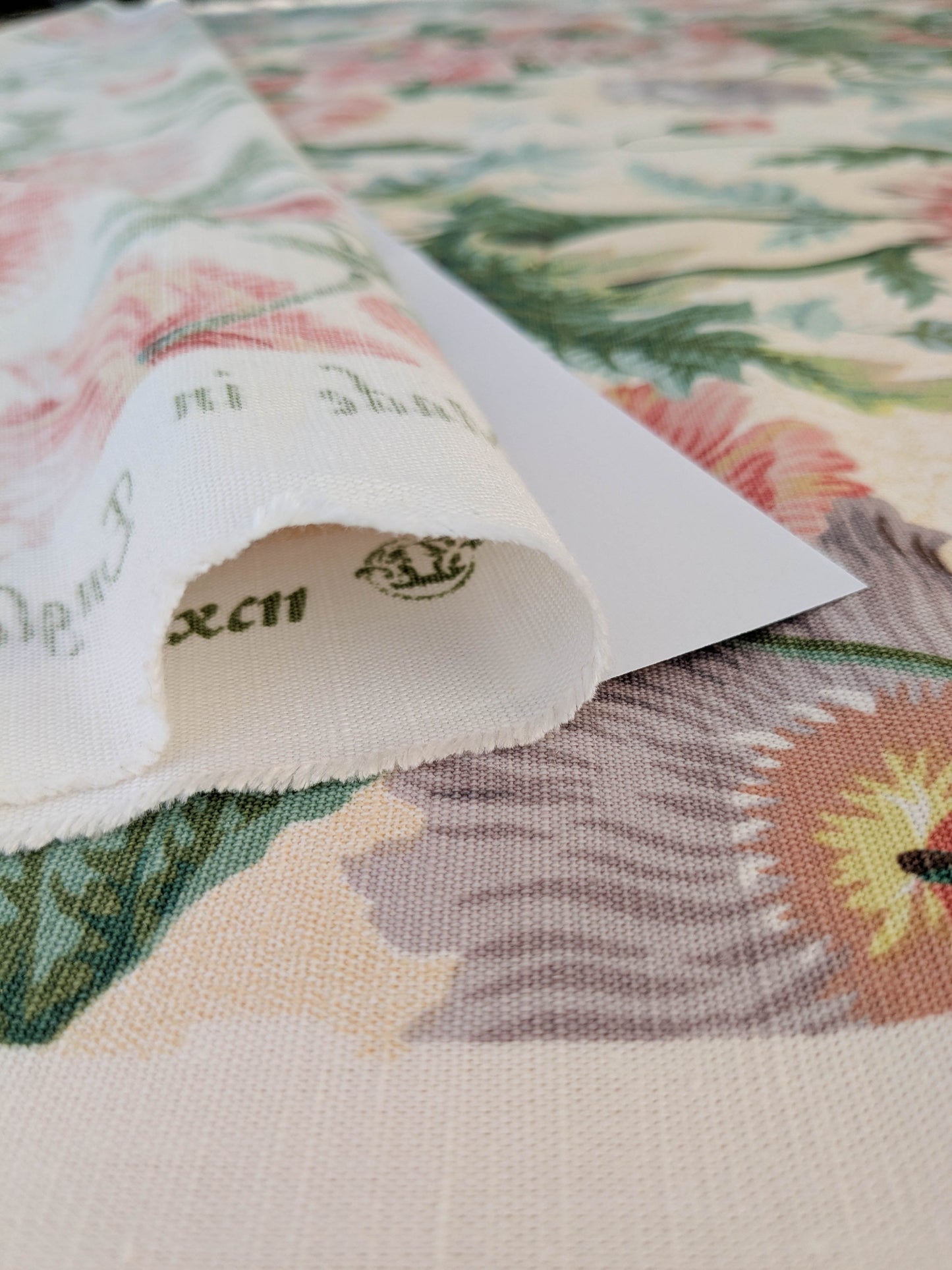 Thames Large English Garden Dalia Poppy Bouquet Print Pink Green Red on Maize Gold 1886