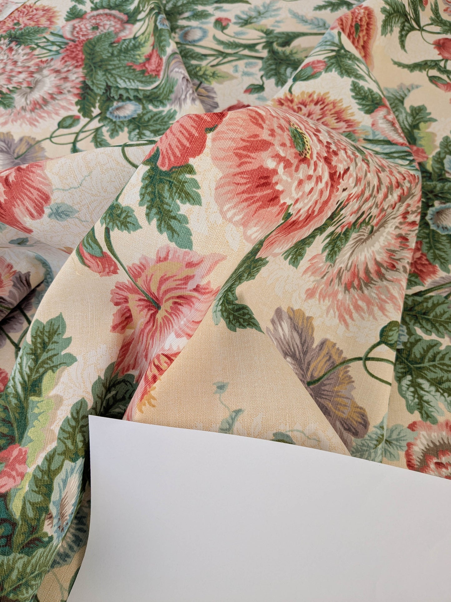 Thames Large English Garden Dalia Poppy Bouquet Print Pink Green Red on Maize Gold 1886