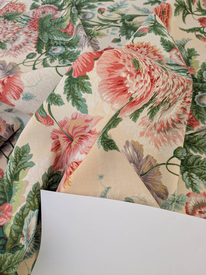 Thames Large English Garden Dalia Poppy Bouquet Print Pink Green Red on Maize Gold 1886