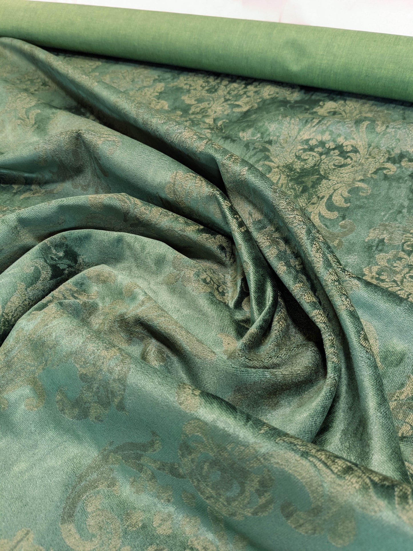 Venice Rich Emerald Green Printed Renaissance Damask Radiance - By The Yard