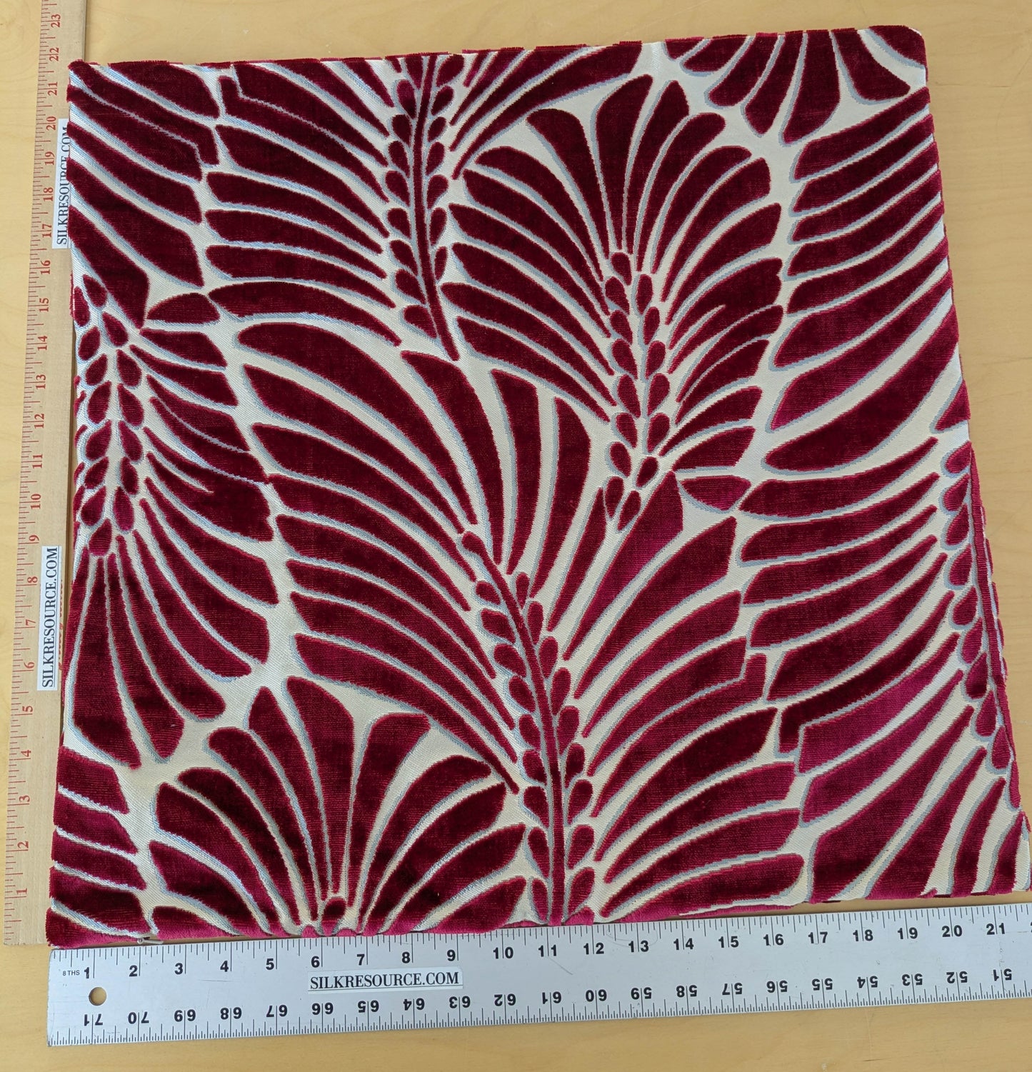 Scalamandre Plumes Silk Velvet Red White Silk Botanical Foliage - 21" x 21"