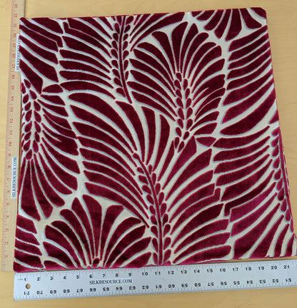 Scalamandre Plumes Silk Velvet Red White Silk Botanical Foliage - 21" x 21"