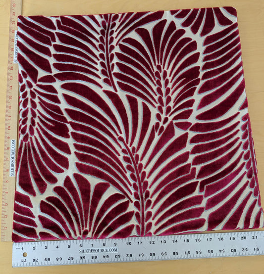 Scalamandre Plumes Silk Velvet Red White Silk Botanical Foliage - 21" x 21"