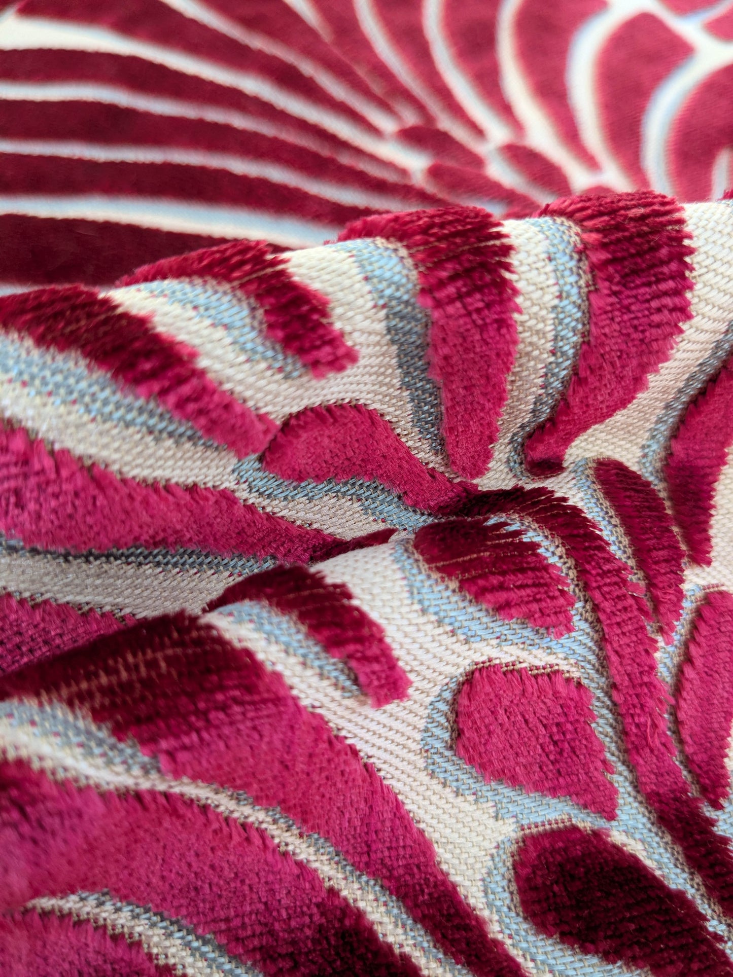 Scalamandre Plumes Silk Velvet Red White Silk Botanical Foliage - 21" x 21"