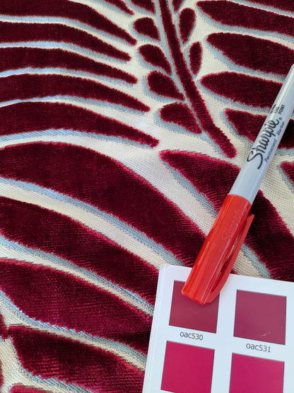 Scalamandre Plumes Silk Velvet Red White Silk Botanical Foliage - 21" x 21"