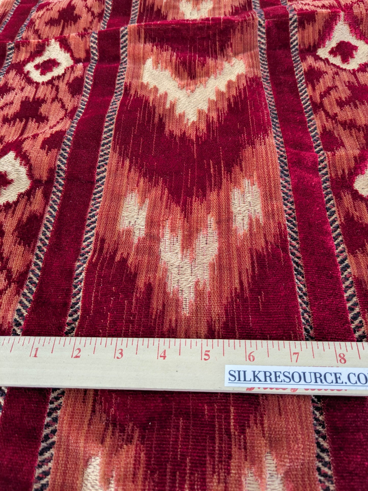 Scalamandre Kailash Rosso Red Ikat Stripe Chevron Silk Velvet  - 2.4 yards