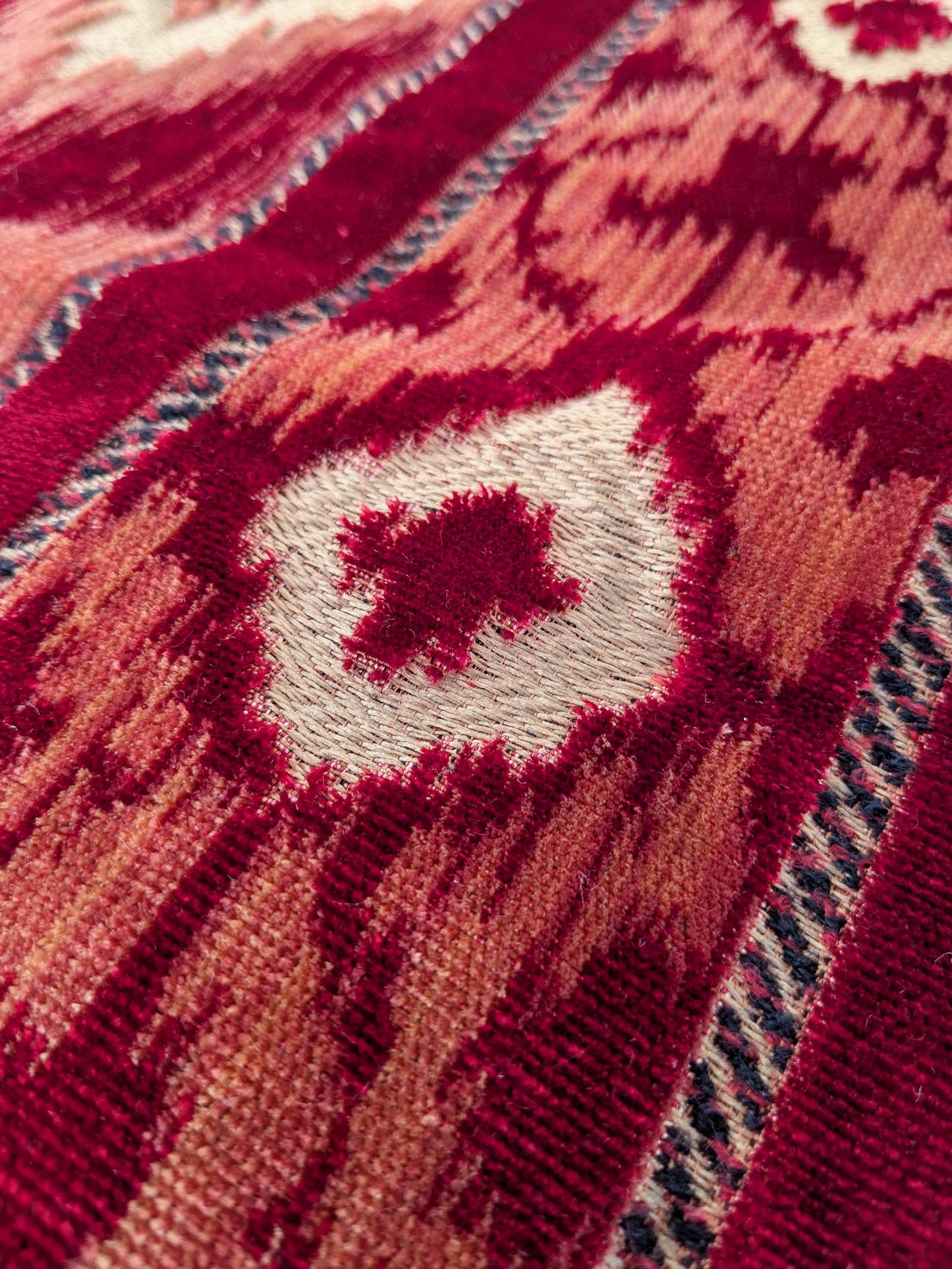 Scalamandre Kailash Rosso Red Ikat Stripe Chevron Silk Velvet  - 2.4 yards