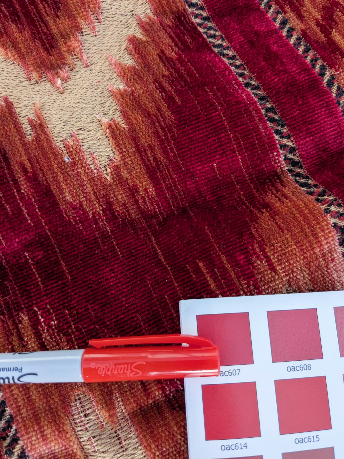 Scalamandre Kailash Rosso Red Ikat Stripe Chevron Silk Velvet  - 2.4 yards