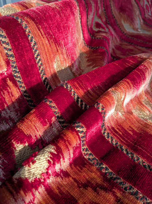 Scalamandre Kailash Rosso Red Ikat Stripe Chevron Silk Velvet  - 2.4 yards