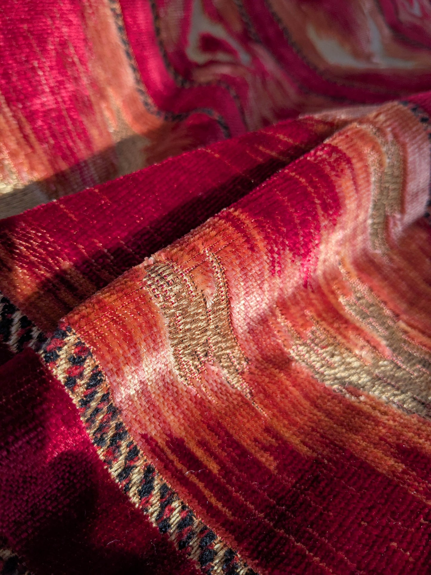 Scalamandre Kailash Rosso Red Ikat Stripe Chevron Silk Velvet  - 2.4 yards