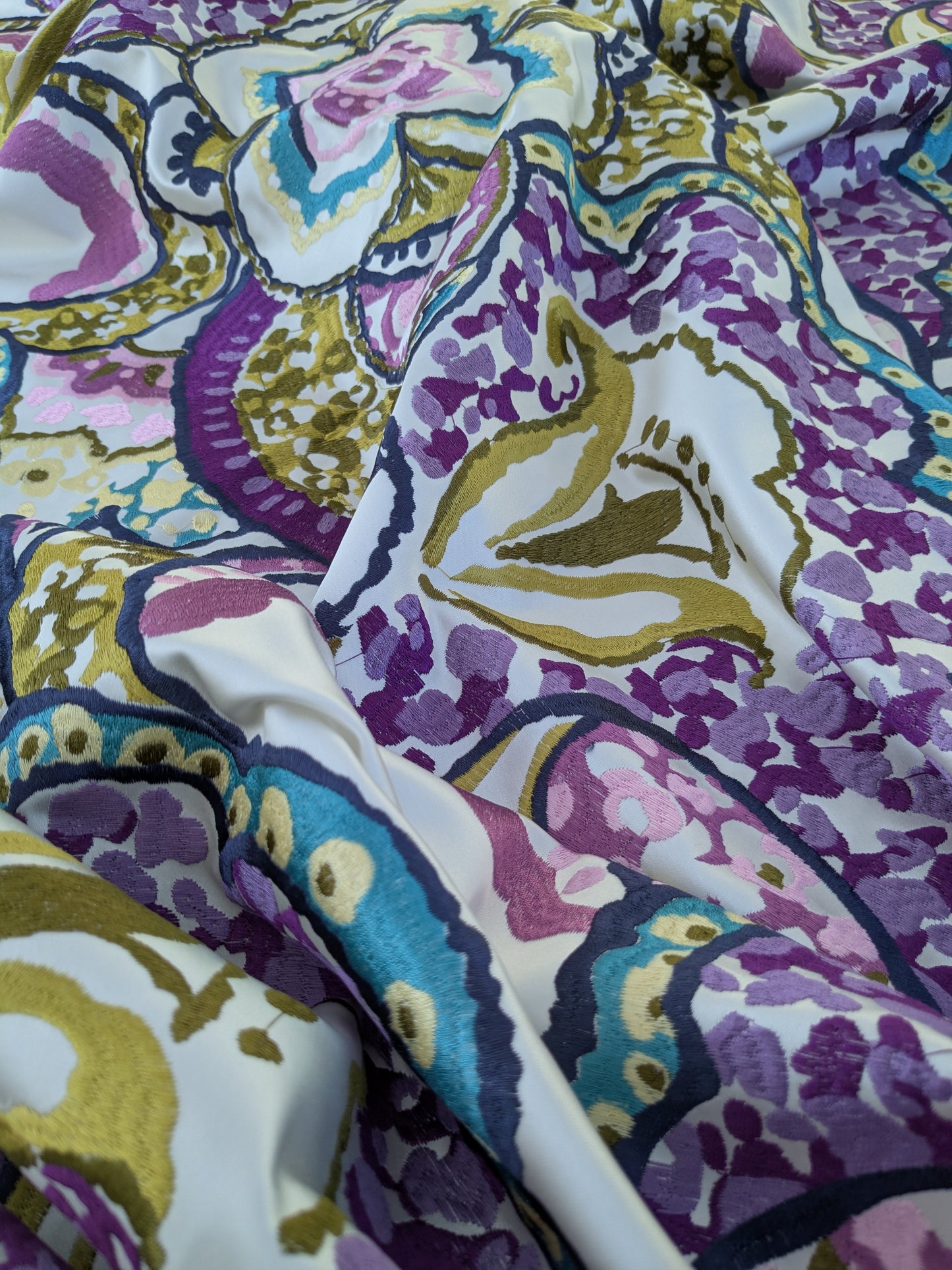 Scalamandre Aldeco Tiffanys Violet Blue Purple Chartreuse Green Cotton Embroidery Floral - 2.4 yards