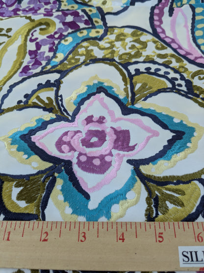 Scalamandre Aldeco Tiffanys Violet Blue Purple Chartreuse Green Cotton Embroidery Floral - 2.4 yards