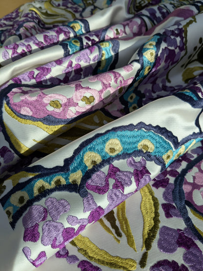 Scalamandre Aldeco Tiffanys Violet Blue Purple Chartreuse Green Cotton Embroidery Floral - 2.4 yards