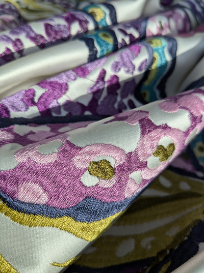 Scalamandre Aldeco Tiffanys Violet Blue Purple Chartreuse Green Cotton Embroidery Floral - 2.4 yards