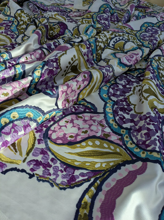 Scalamandre Aldeco Tiffanys Violet Blue Purple Chartreuse Green Cotton Embroidery Floral - 2.4 yards