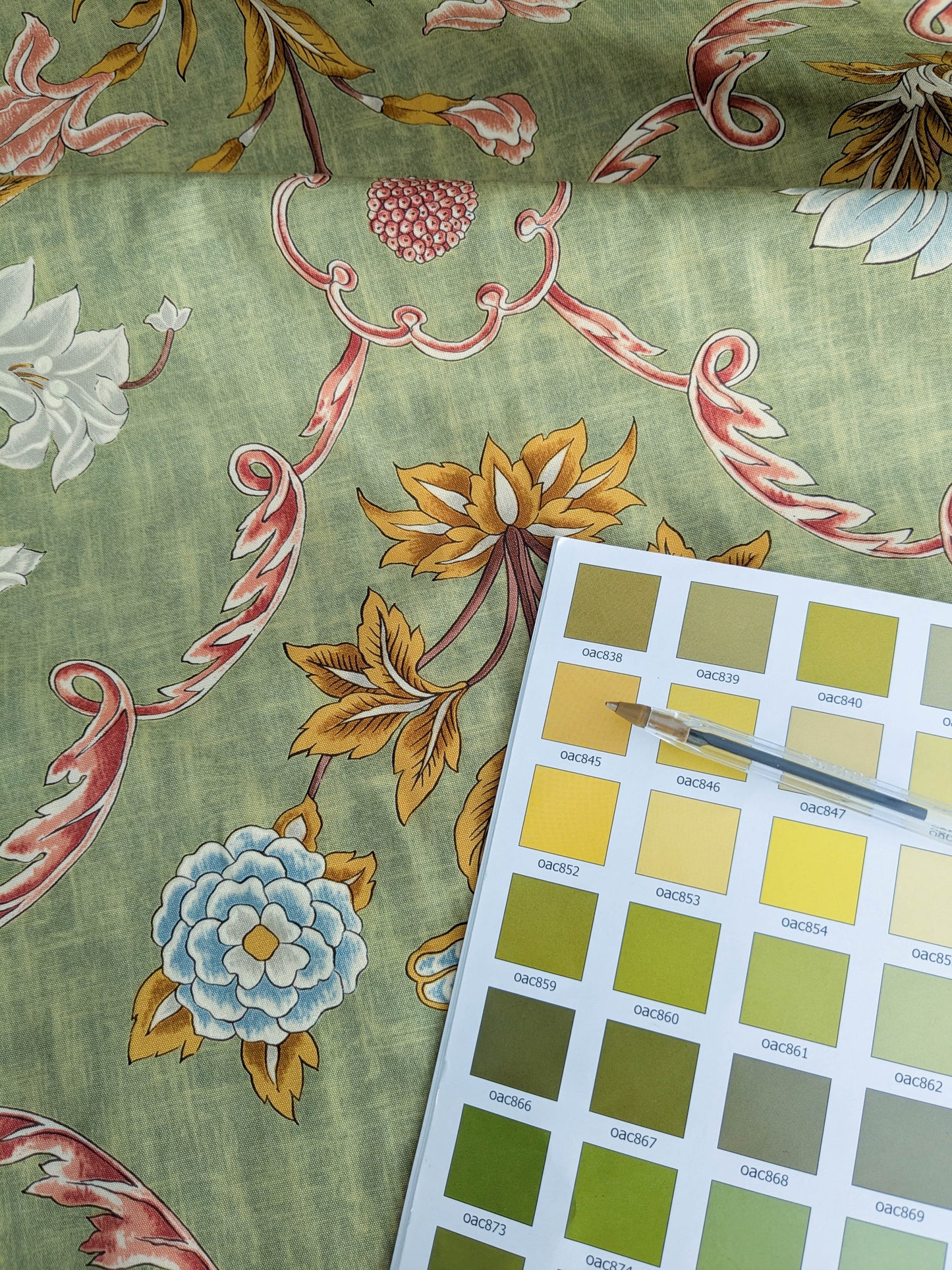 1.3 yards Scalamandre Pashmina Fern Arabisque Print On Cotton Satin Arabisque Green Red Tan MSRP USD 358/Y