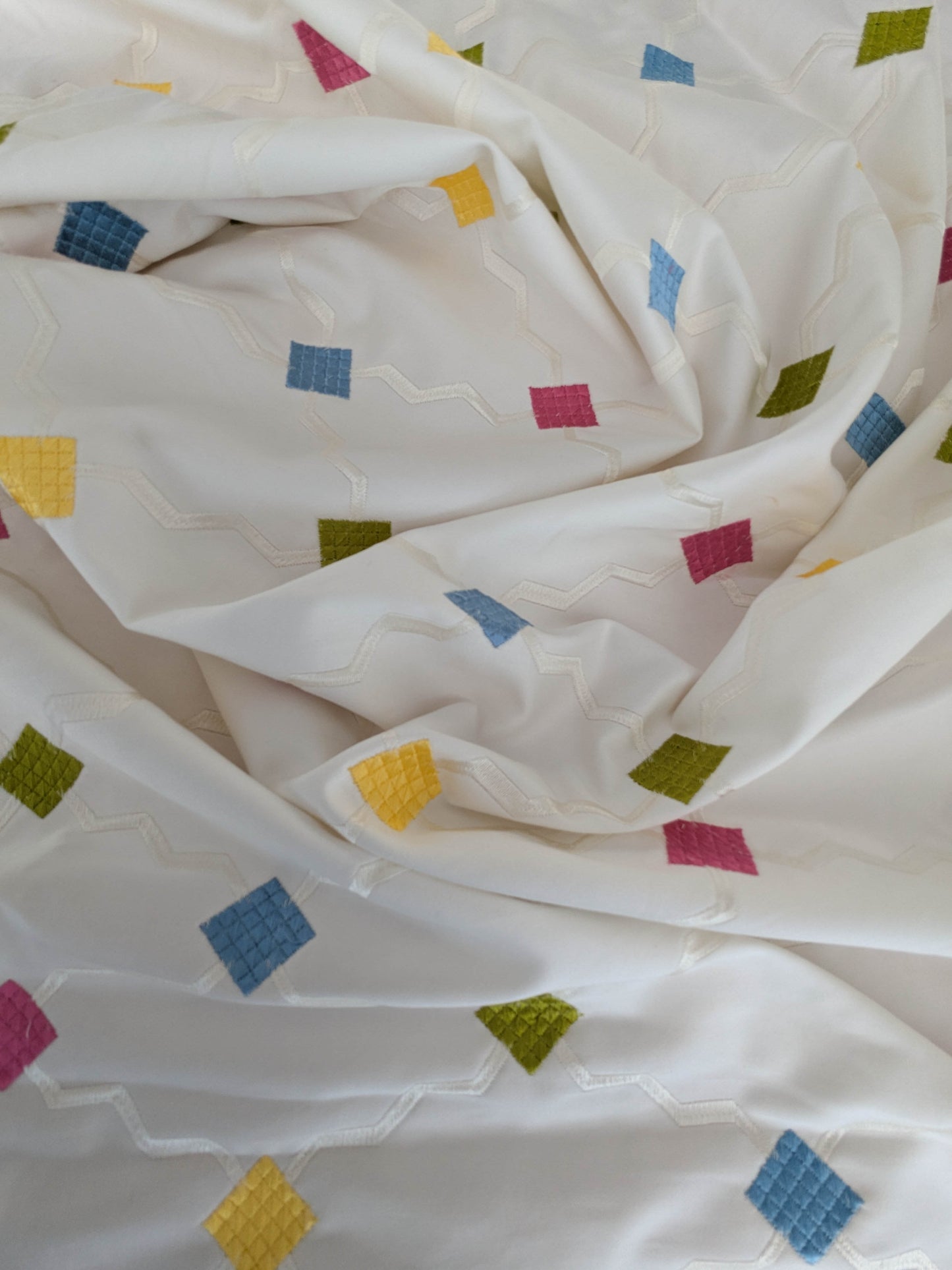 Scalamandre Aldeco Martinique Colorfulness Embroidery Rainbow Small Scale Dots  Cotton-  White Blue Green Pink Yellow - 30"x60"wide
