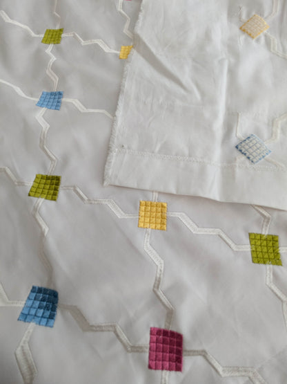 Scalamandre Aldeco Martinique Colorfulness Embroidery Rainbow Small Scale Dots  Cotton-  White Blue Green Pink Yellow - 30"x60"wide