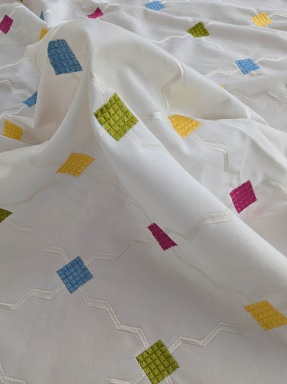 Scalamandre Aldeco Martinique Colorfulness Embroidery Rainbow Small Scale Dots  Cotton-  White Blue Green Pink Yellow - 30"x60"wide