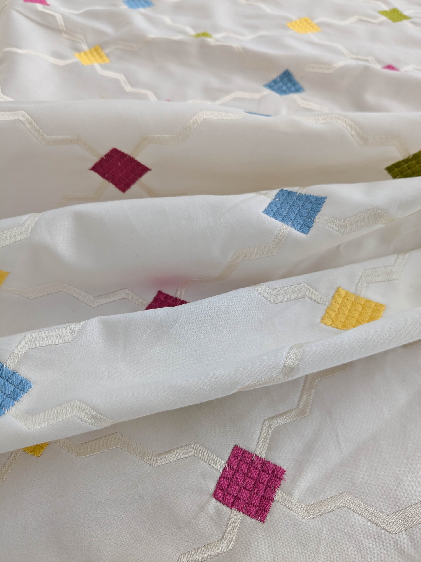 Scalamandre Aldeco Martinique Colorfulness Embroidery Rainbow Small Scale Dots  Cotton-  White Blue Green Pink Yellow - 30"x60"wide