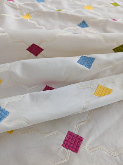 Scalamandre Aldeco Martinique Colorfulness Embroidery Rainbow Small Scale Dots  Cotton-  White Blue Green Pink Yellow - 30"x60"wide