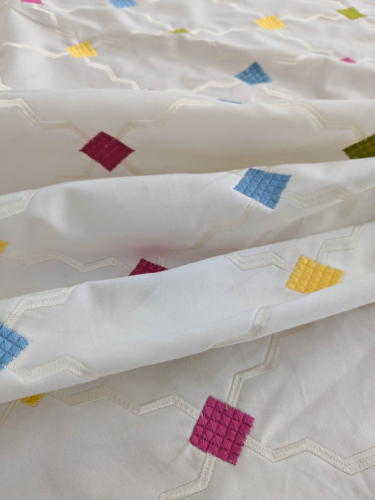Scalamandre Aldeco Martinique Colorfulness Embroidery Rainbow Small Scale Dots  Cotton-  White Blue Green Pink Yellow - 30"x60"wide
