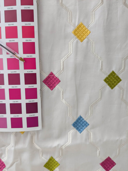 Scalamandre Aldeco Martinique Colorfulness Embroidery Rainbow Small Scale Dots  Cotton-  White Blue Green Pink Yellow - 30"x60"wide