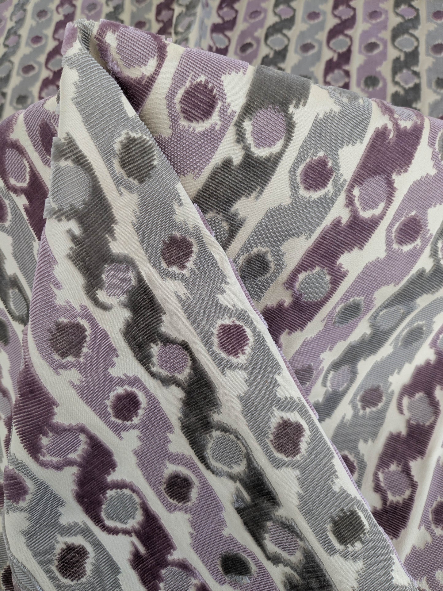 Scalamandre Velours Bergerac Lavande Purple White Gray Stripe Dots Cotton Viscose  -2.4 yards - MSRP USD 660/y