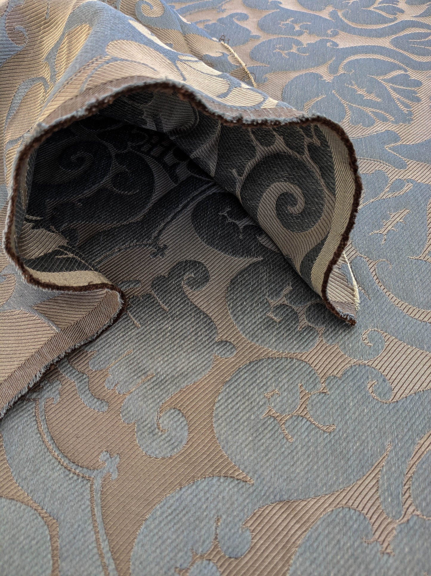 Botticelli Brocade Damask Slate Blue Silk Linen Blend Historical Heavy - By The Yard - MSRP USD 398/y