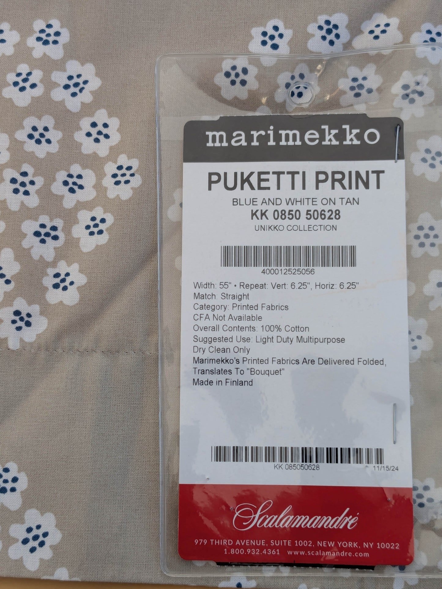 Scalamandre MARIMEKKO Puketti Print Blue and White on Tan Cotton Dot Circle - 1.2 yards
