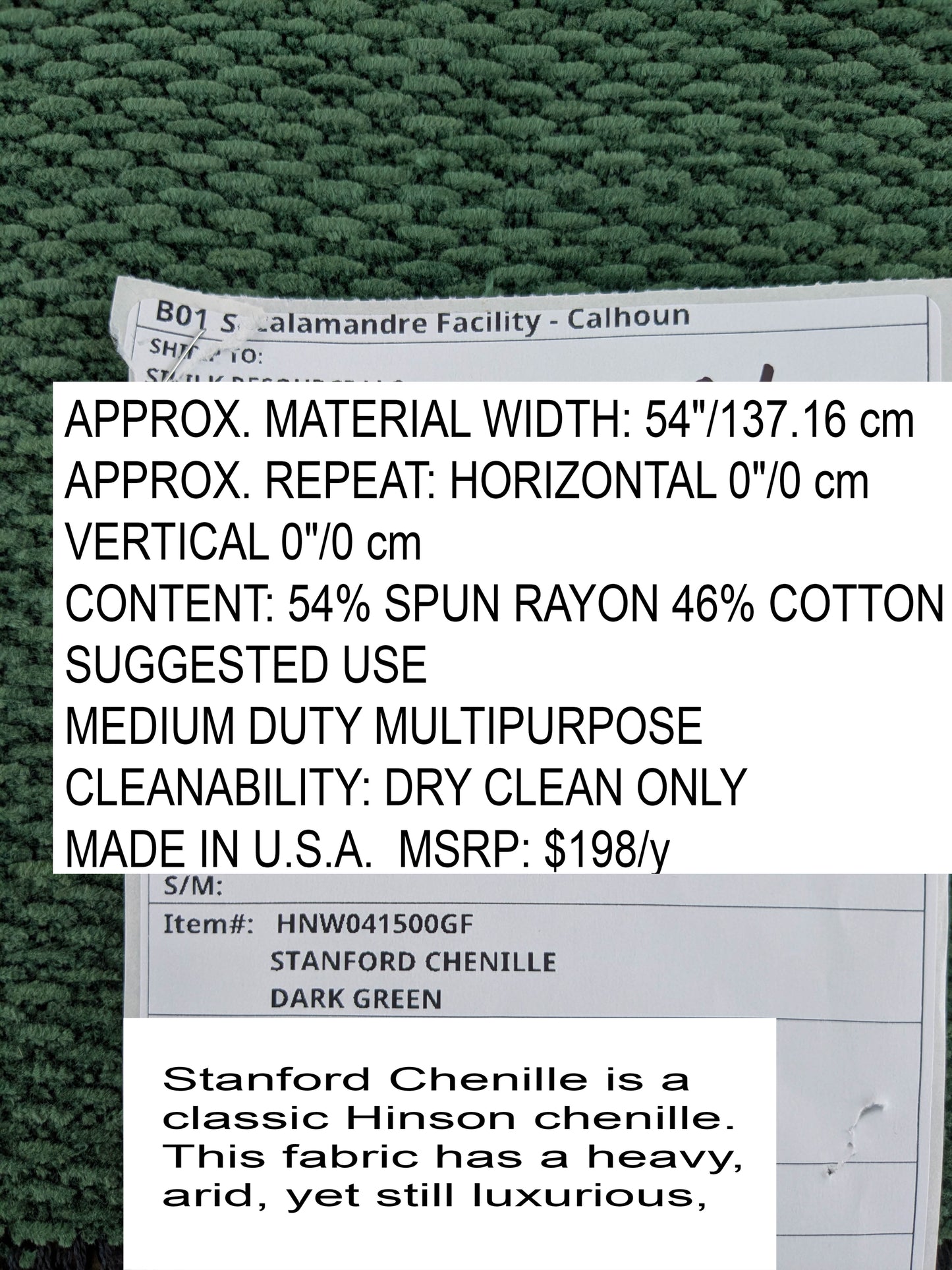 Scalamandre Stanford Chenille Dark Green  Cotton Rayon Heavy  Lush- Made in US- By The Yard
