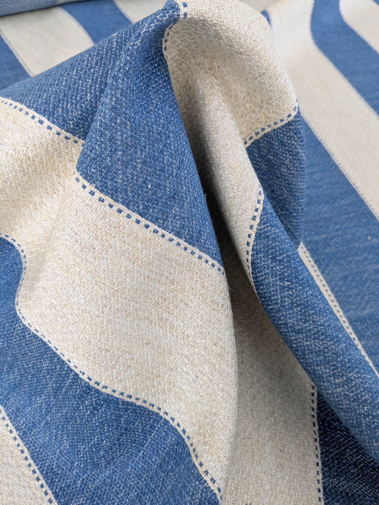 Scalamandre Indy Blue Linen Cotton Blend Texture Stripe Sophisticated Heavy Duty - By The Yard