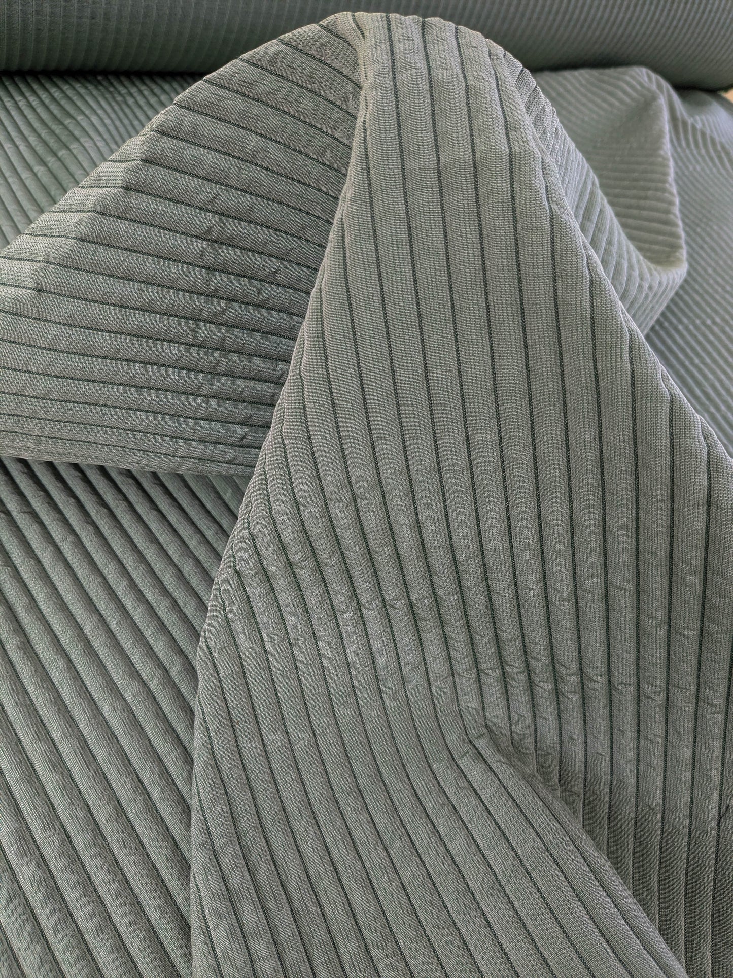 Scalamandre Grenoble Green Silk Wool Blend Texture Quilted Stripe Matelasse Stripe - By The Yard