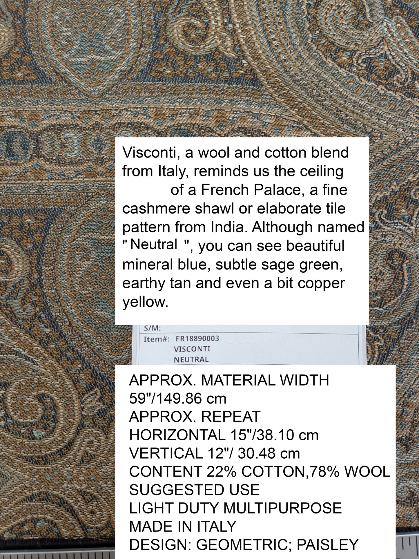 Scalamandre Visconti in Neutral Wool and Cotton Damask Paisley Mineral - Blue Sage Green - By The Yard