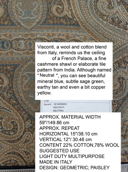 Scalamandre Visconti in Neutral Wool and Cotton Damask Paisley Mineral - Blue Sage Green - By The Yard