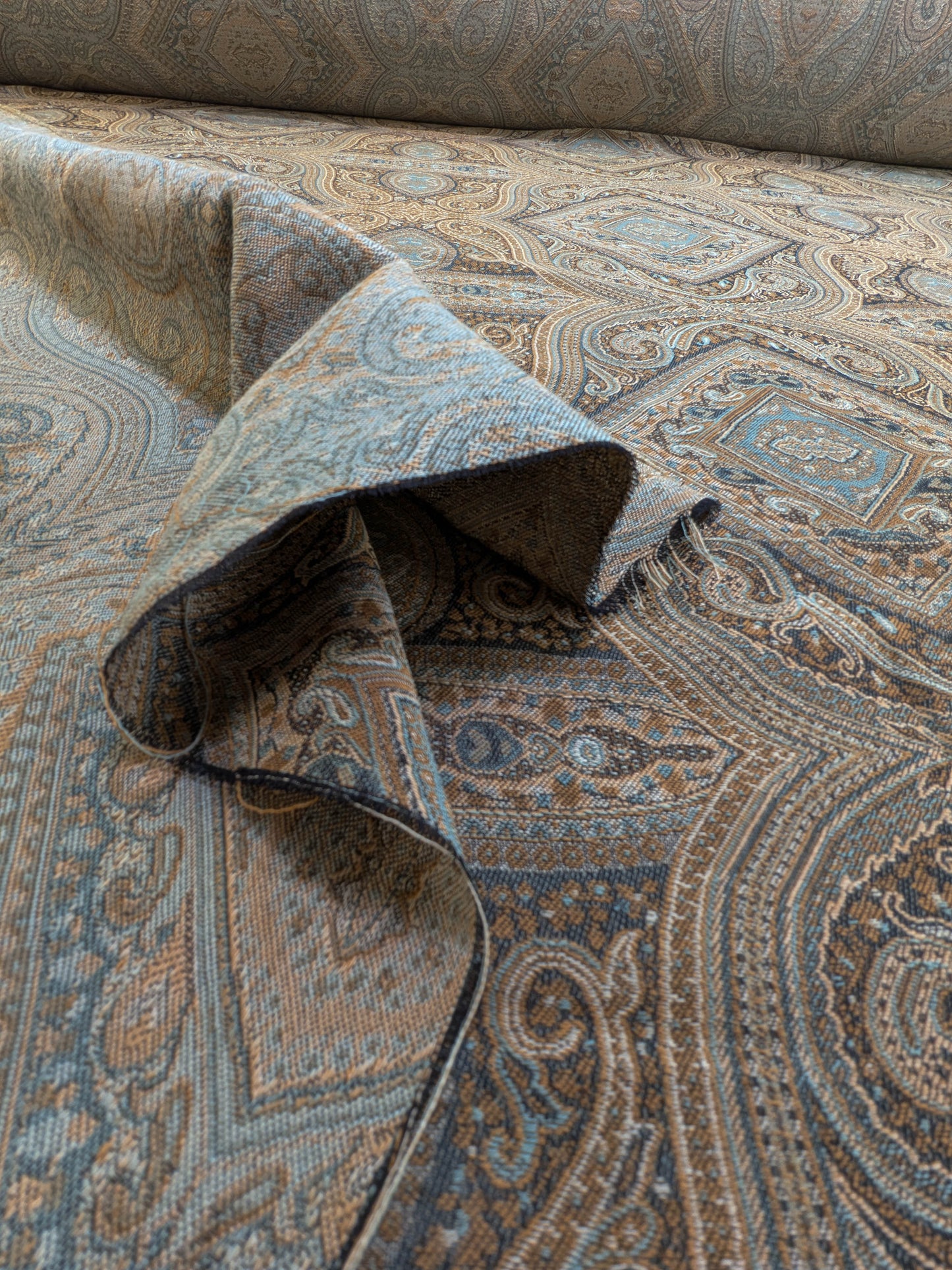 Scalamandre Visconti in Neutral Wool and Cotton Damask Paisley Mineral - Blue Sage Green - By The Yard
