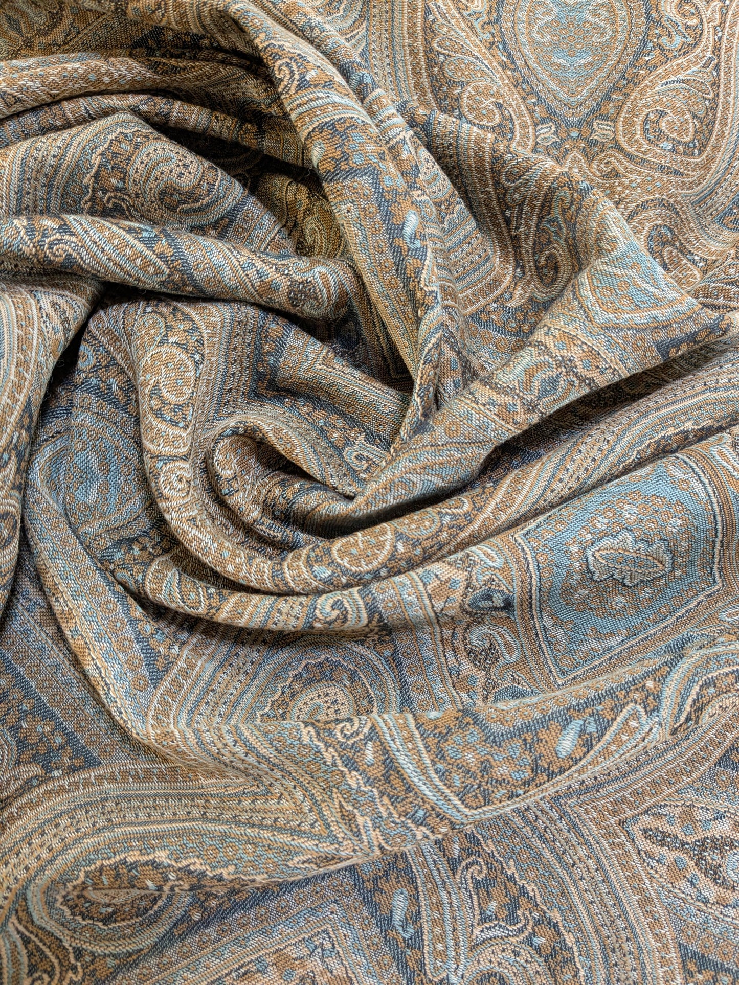 Scalamandre Visconti in Neutral Wool and Cotton Damask Paisley Mineral - Blue Sage Green - By The Yard