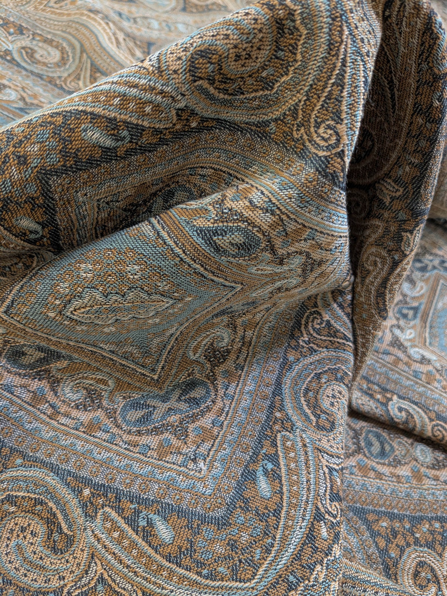 Scalamandre Visconti in Neutral Wool and Cotton Damask Paisley Mineral - Blue Sage Green - By The Yard